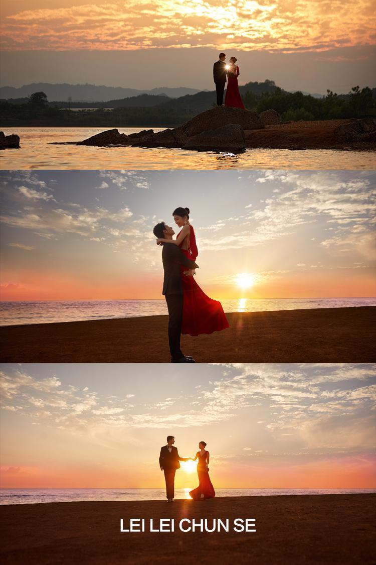 贵阳拍婚纱照 夕阳海边红色露背礼服婚纱照