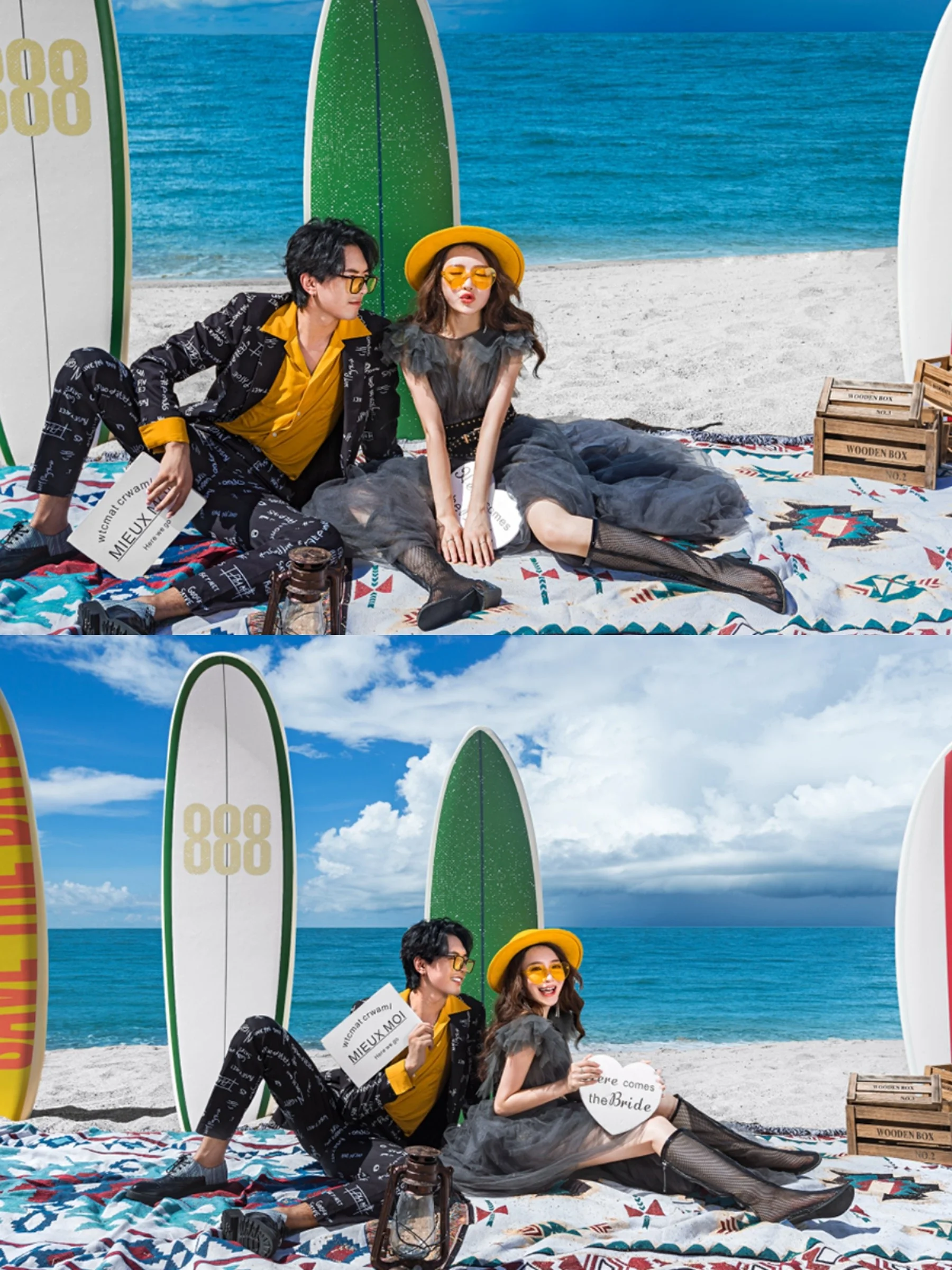海滩婚纱照，冲浪板的甜蜜信件