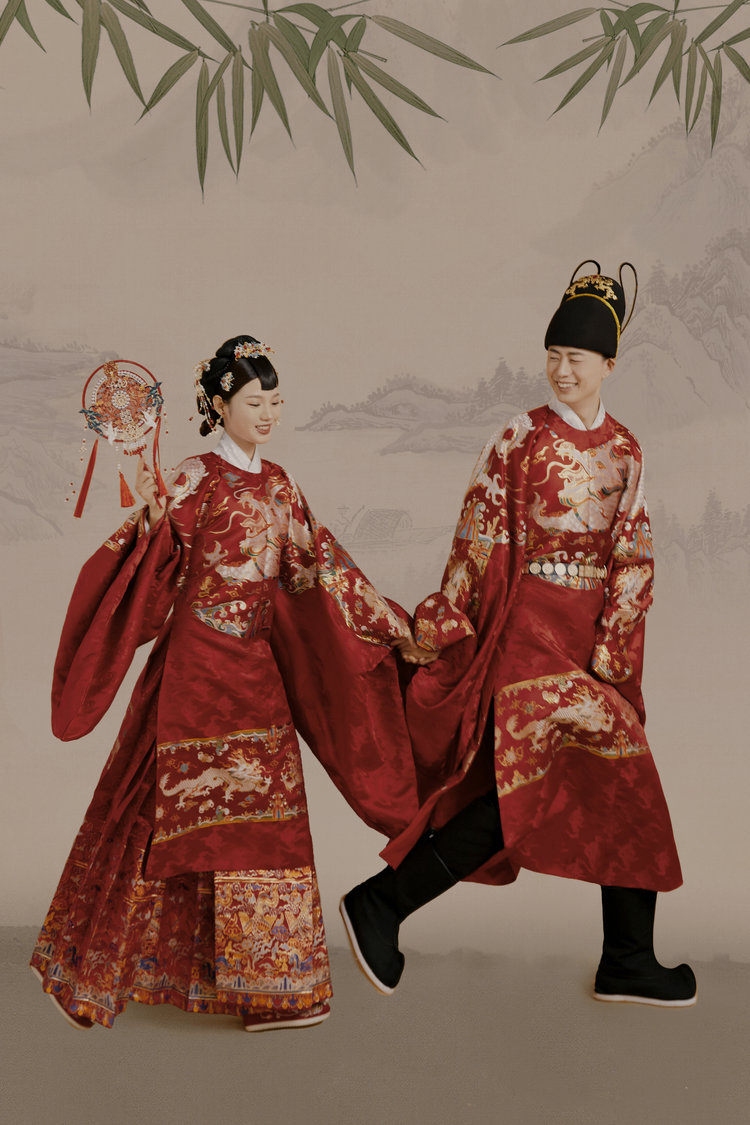 西安拍婚纱照,中式汉服工笔画婚纱照