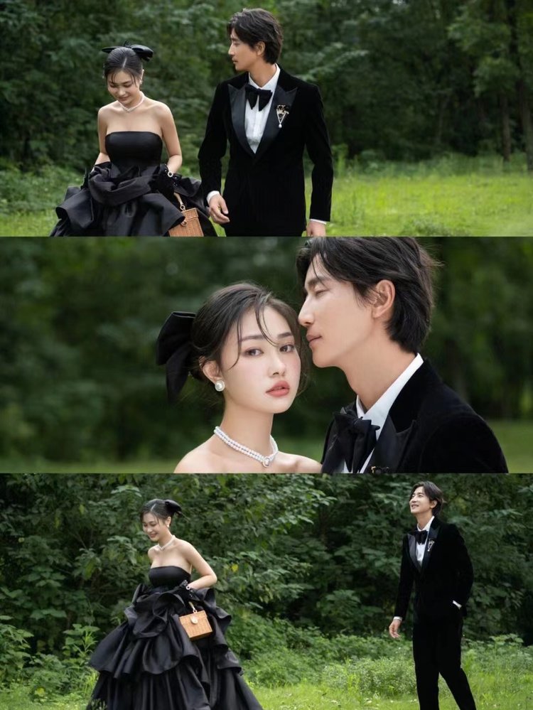 法式草坪婚纱照 黑色抹胸婚纱照展现优雅与浪漫的完美融合