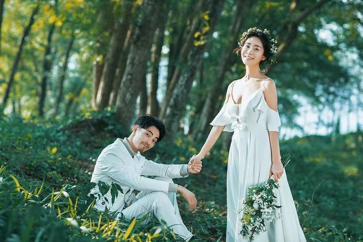 清新感超强的外景森系婚纱照 美人松林主题